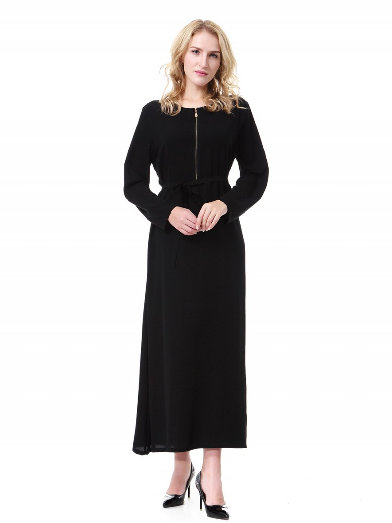 Black Basic Zip Abaya Dress L 