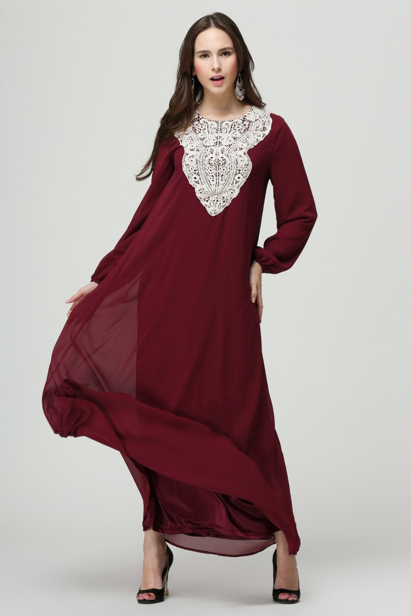 Red Lace Pearl Chiffon Abaya M 