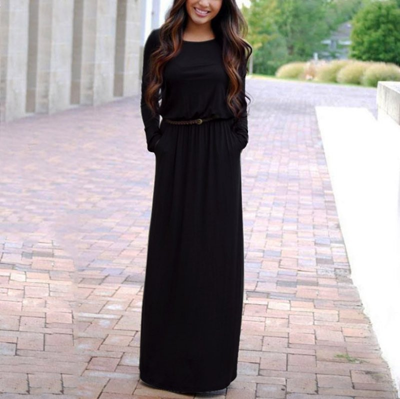 Black Belted Banded Waist Abaya Large