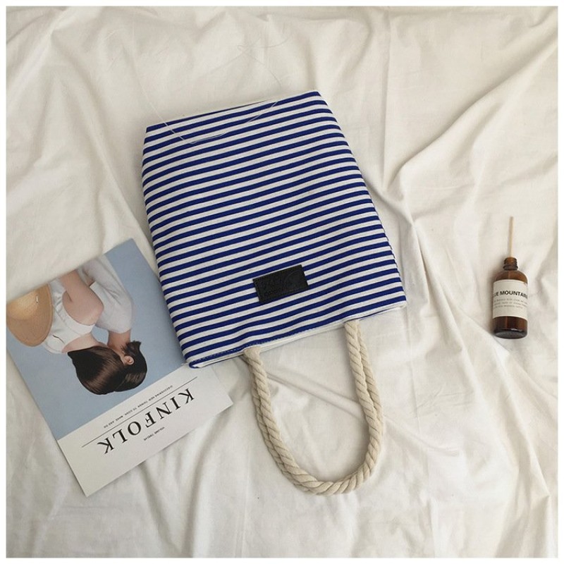 blue stripes Canvas Retro Tote Bag 