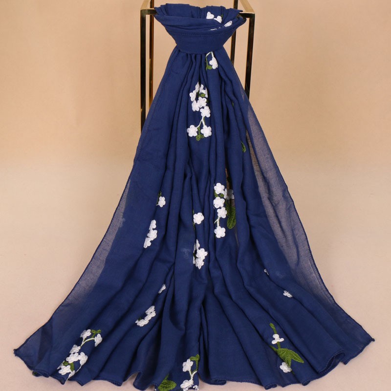 Navy Premium Cotton Embroidered Floral Blossom Hijab