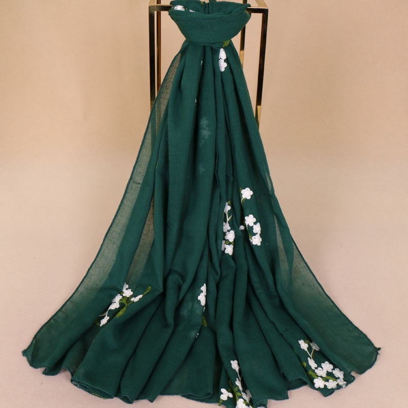 dark green Premium Cotton Embroidered Floral Blossom Hijab