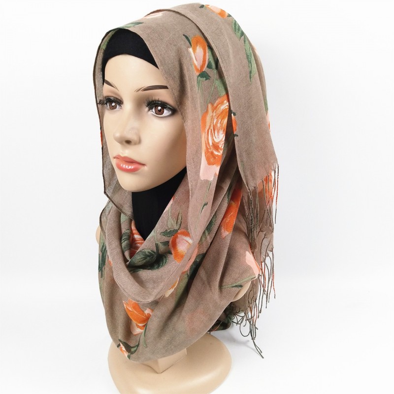 Khaki Premium Cotton Floral Tasseled Print Hijab