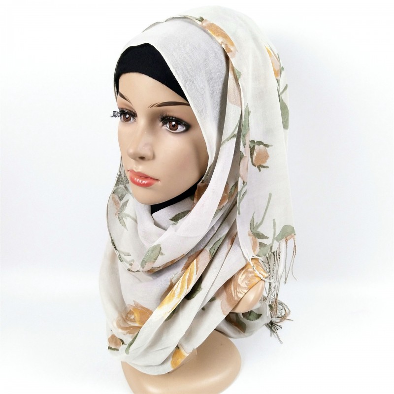 White Premium Cotton Floral Tasseled Print Hijab