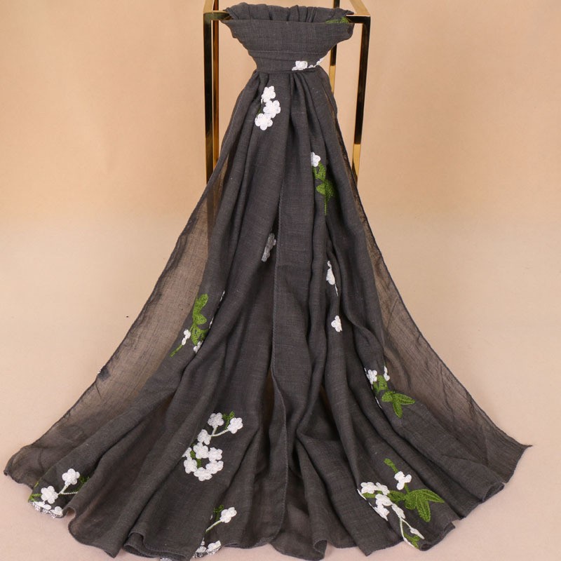 dark gray Premium Cotton Embroidered Floral Blossom Hijab