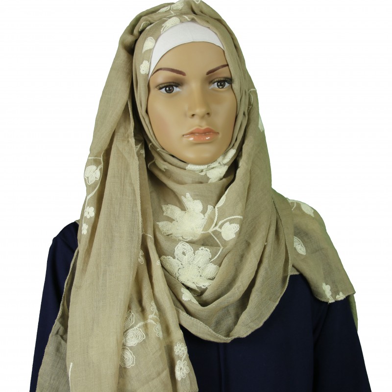 Beige Floral Embroidered Cotton Hijab