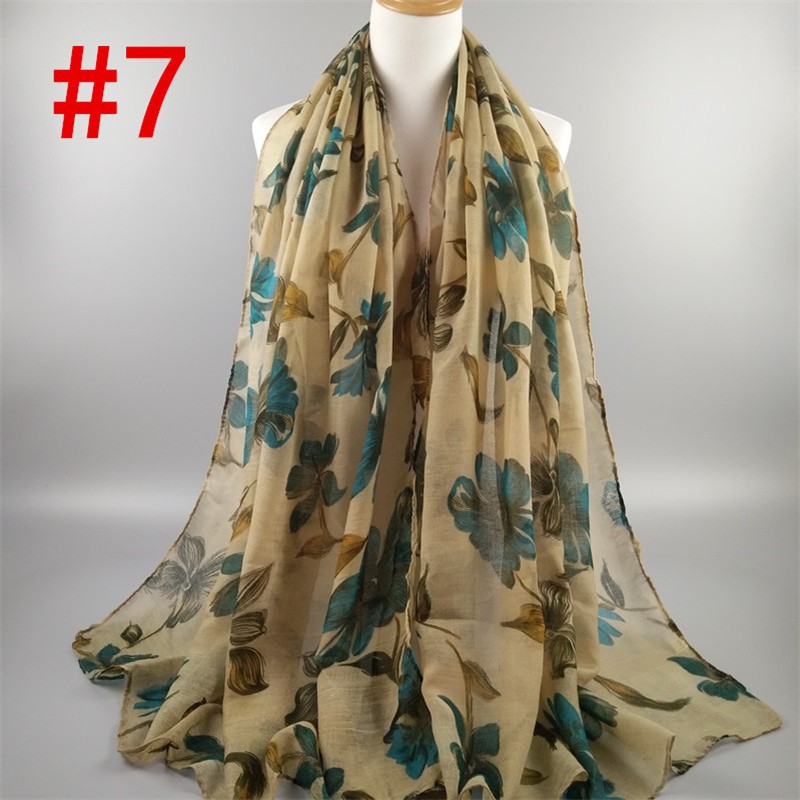 Teal Beige Deep Floral Foliage Print Hijab