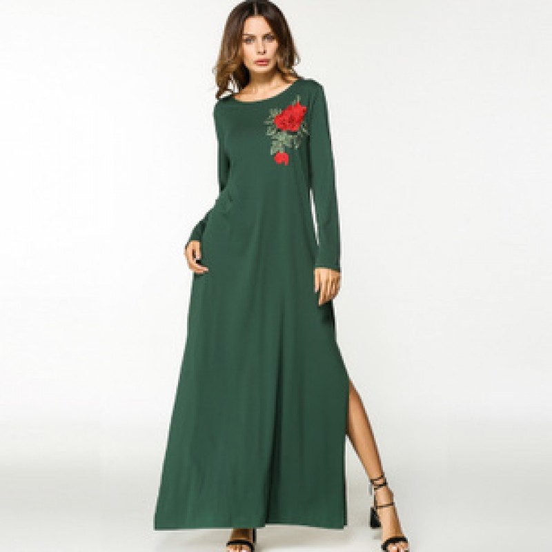 Army Green Green Slit Embroided Abaya M 