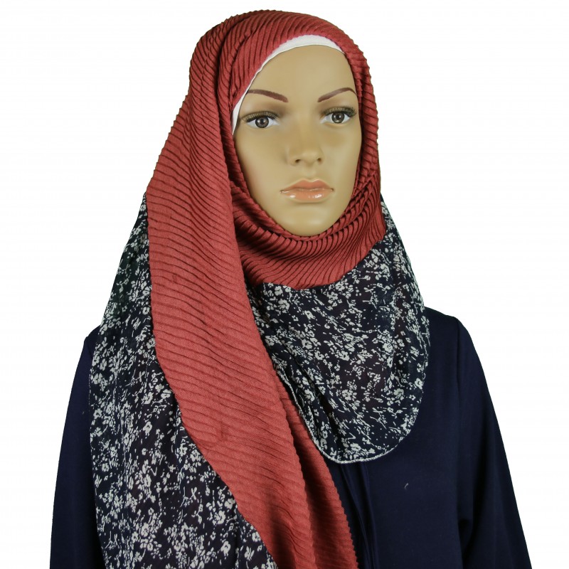 Red Rust Floral Crinkle Print Hijab