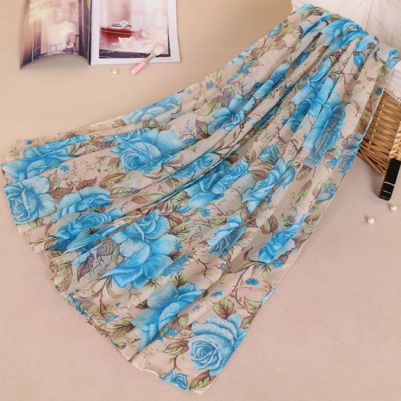 Beige Blue Rose Arts Print Hijab