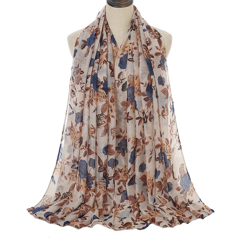 Beige And Blue Flower 180-90Cm Floral Vector Viscose Print Hijab