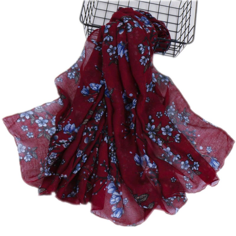 Wine Red 180Cm Natural Bloom Viscose Print Hijab Clearance