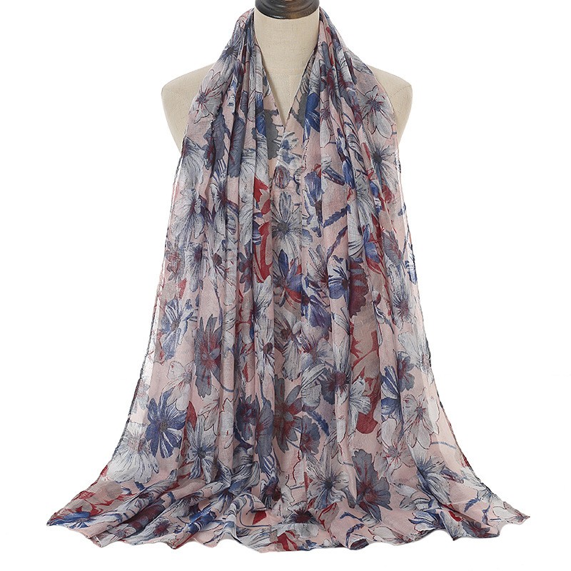 Pink And Blue Flower 180-90 Floral Sketch Viscose Print Hijab