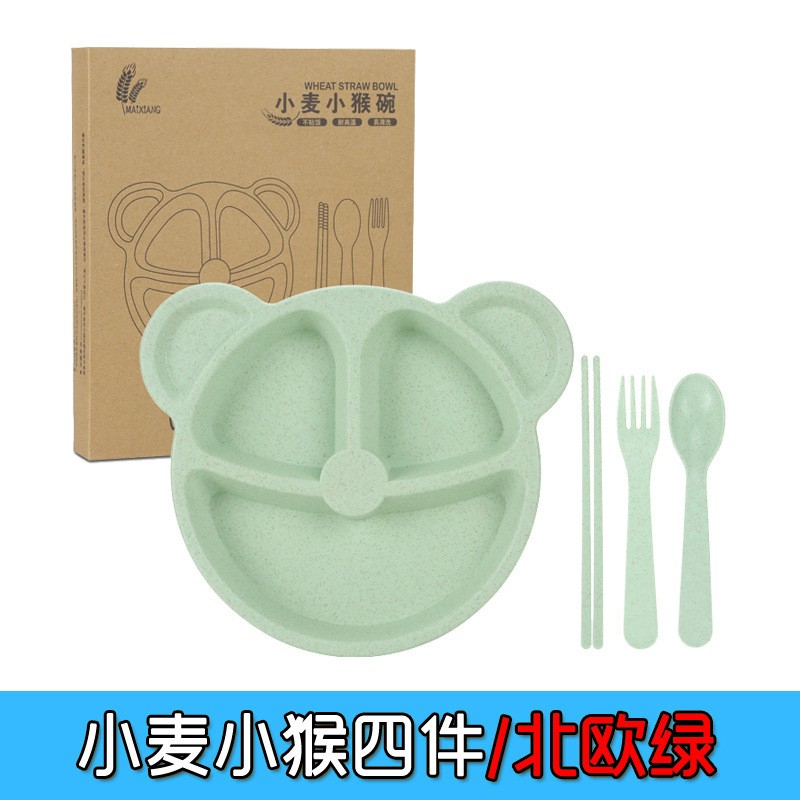Four Pieces Of Wheat Monkey Nordic Green kit Wheatstraw Eco Tableware Clearance