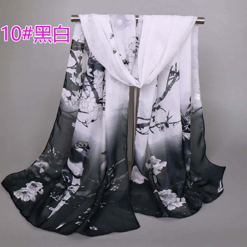 Black And White 160-50Cm Nature Chiffon Print Hijab