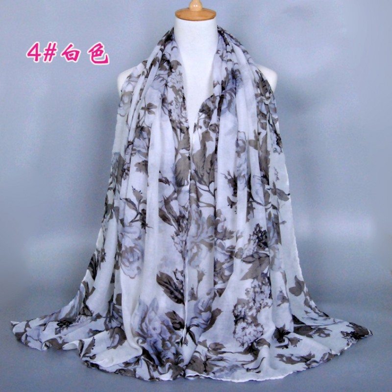 White 180-90 Autumn Flowers Viscose Print Hijab