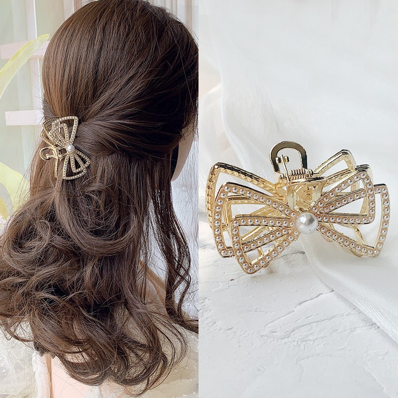 6.5Cm-Double Bow Knot Pearl Clip Korean Style Hair Grip Clamp Clearance