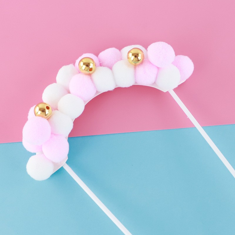 Pink White - 1 Piece - Small Hair Ball 3 Gold Beads Cake Topper Clearance