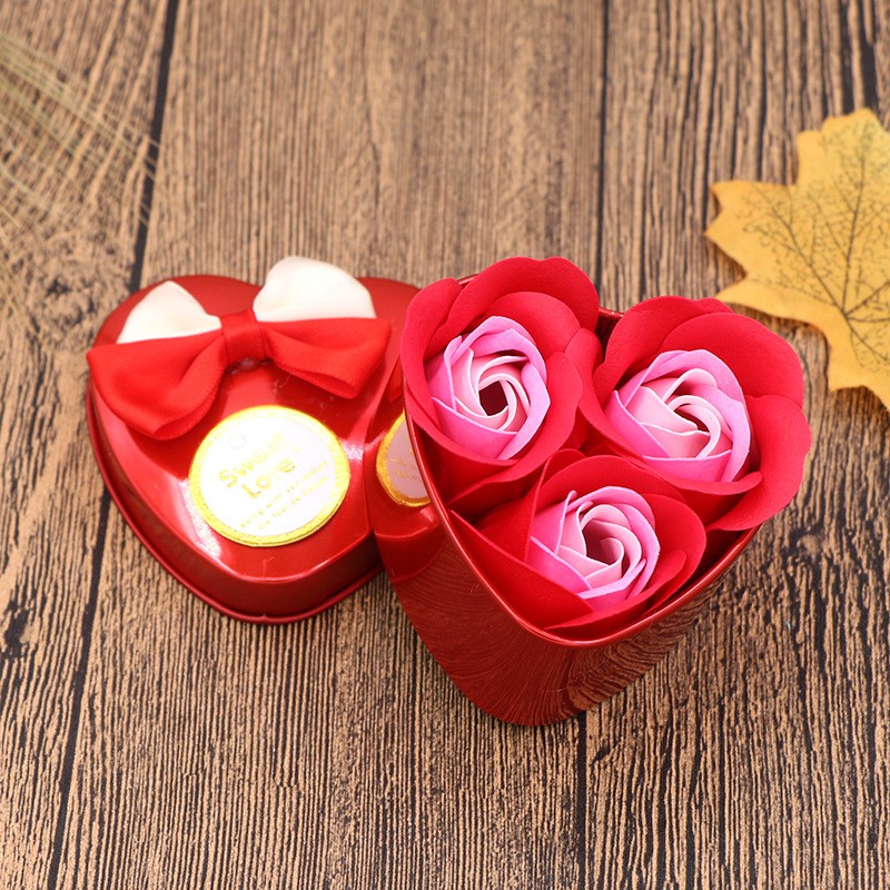 3 Small Hearts Red Valentines Rose Soap Gift
