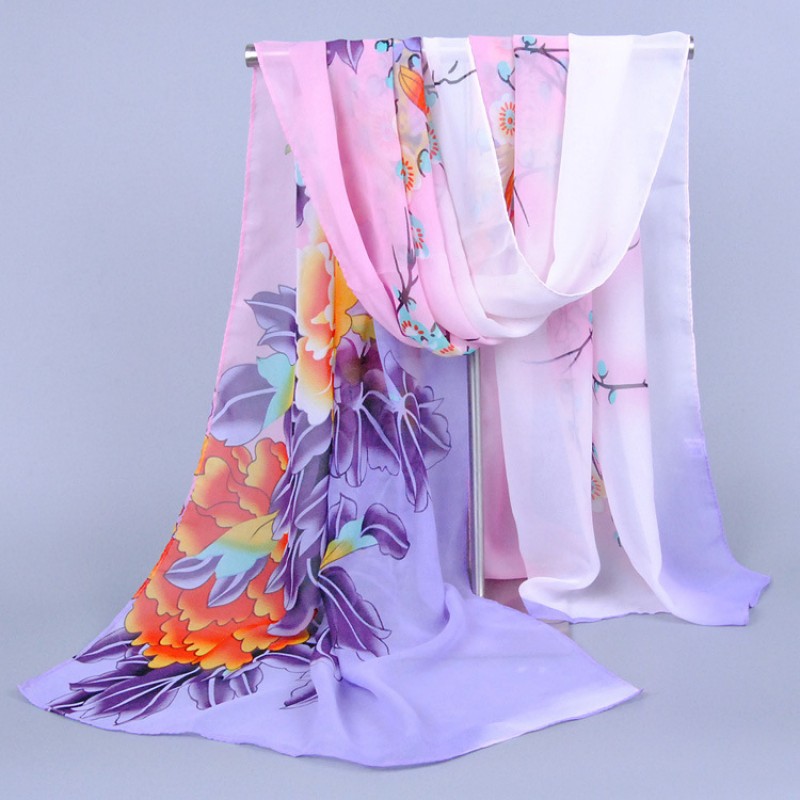 Pink Purple 160-50Cm Orchid Chiffon Print Hijab