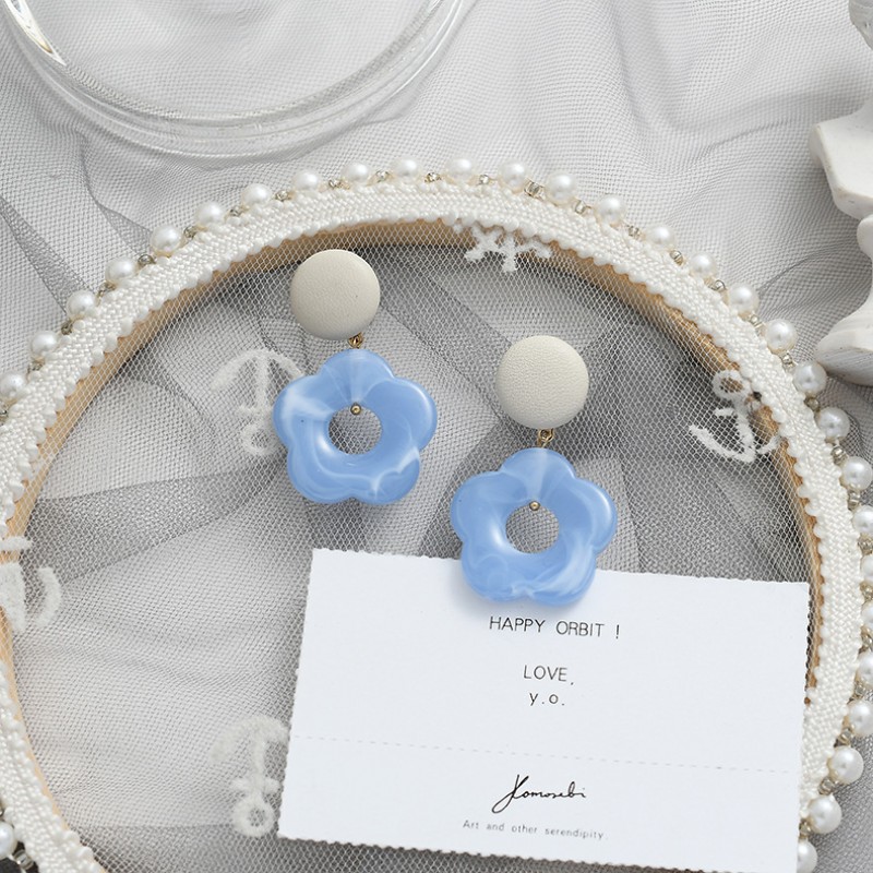 2 Plates With Hollow Blue Flowers KStyle Earring Studs Clearance
