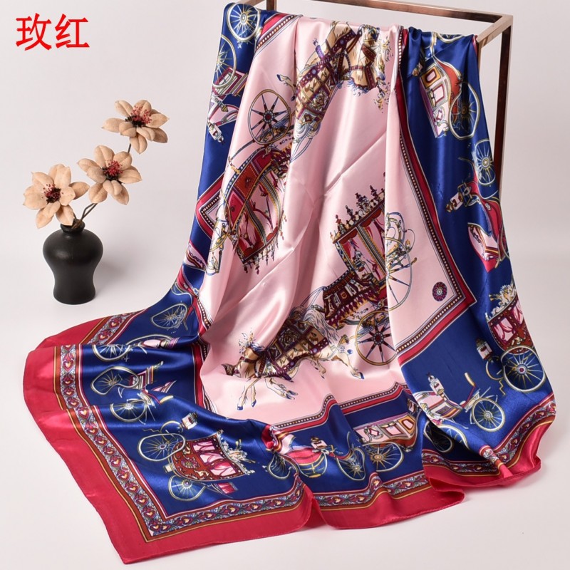 Rose Red 90Cm X 90Cm Retro Carriage Chiffon Square Print Hijab Clearance