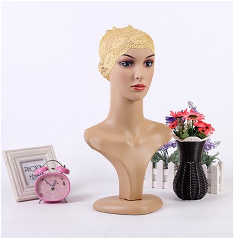 Beige Lace Bonnet Tube Hijab Cap 