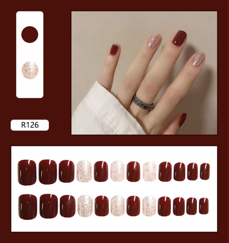 R126 Burgundy Sequins Fake Nails