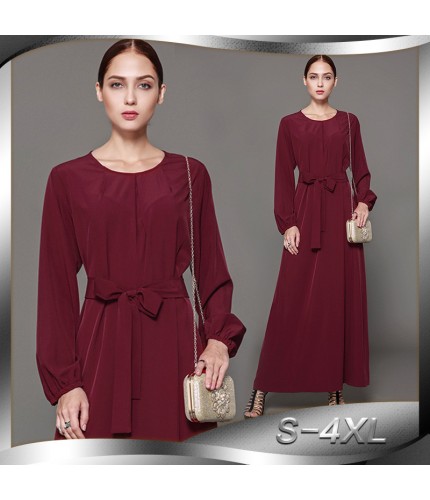 Wine Red Flared Bow Ribbon Abaya S 