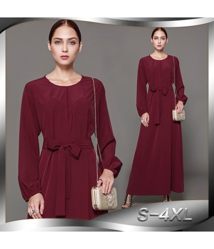 Wine Red Flared Bow Ribbon Abaya S 