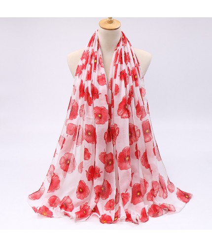 White 180Cm Poppy Field Viscose Print Hijab Clearance