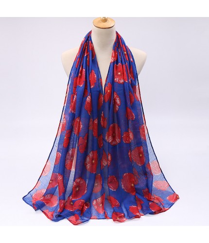 Royal Blue 180Cm Poppy Field Viscose Print Hijab Clearance
