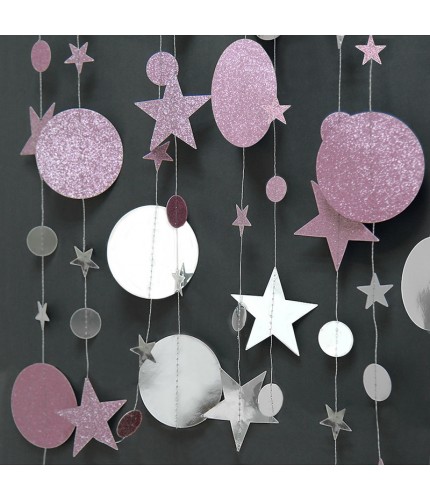 4 Meters Long Star Circle Pink And Silver 1 Garland Pendant