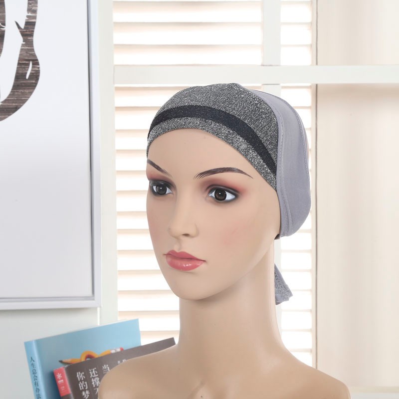 Grey Shimmery Bonnet Tie Back Hijab Cap 