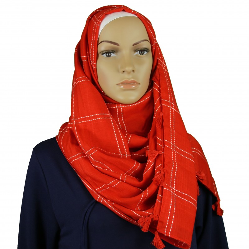 Red Criss Cross Tassel Hijab Clearance