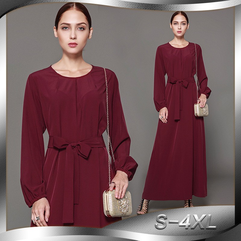 Wine Red Flared Bow Ribbon Abaya S 