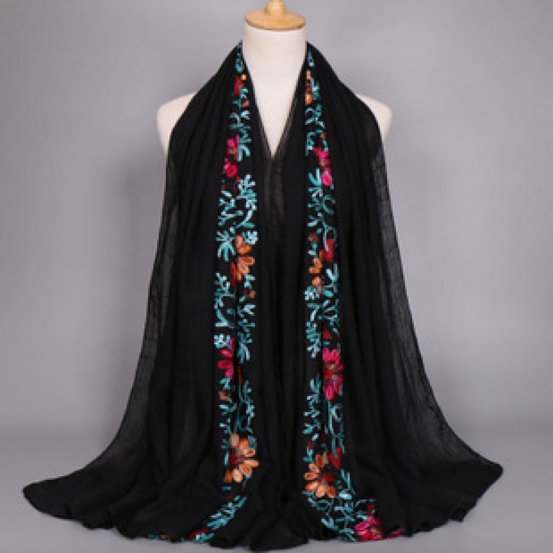 black Premium Embroidered Cotton Bloom Hijab