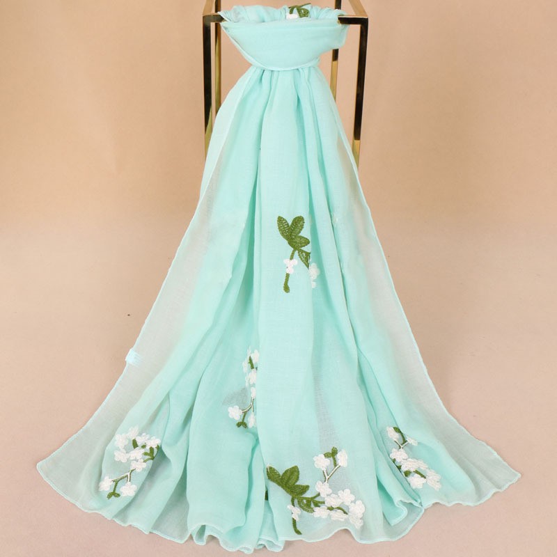 mint green Premium Cotton Embroidered Floral Blossom Hijab
