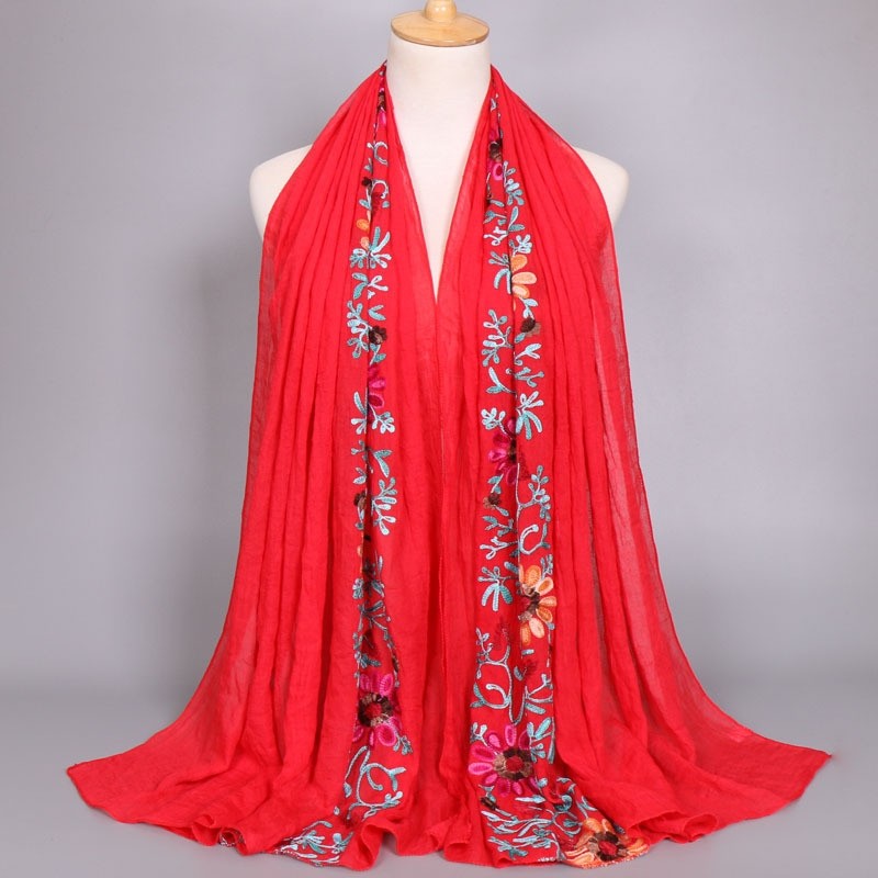 red Premium Embroidered Cotton Bloom Hijab