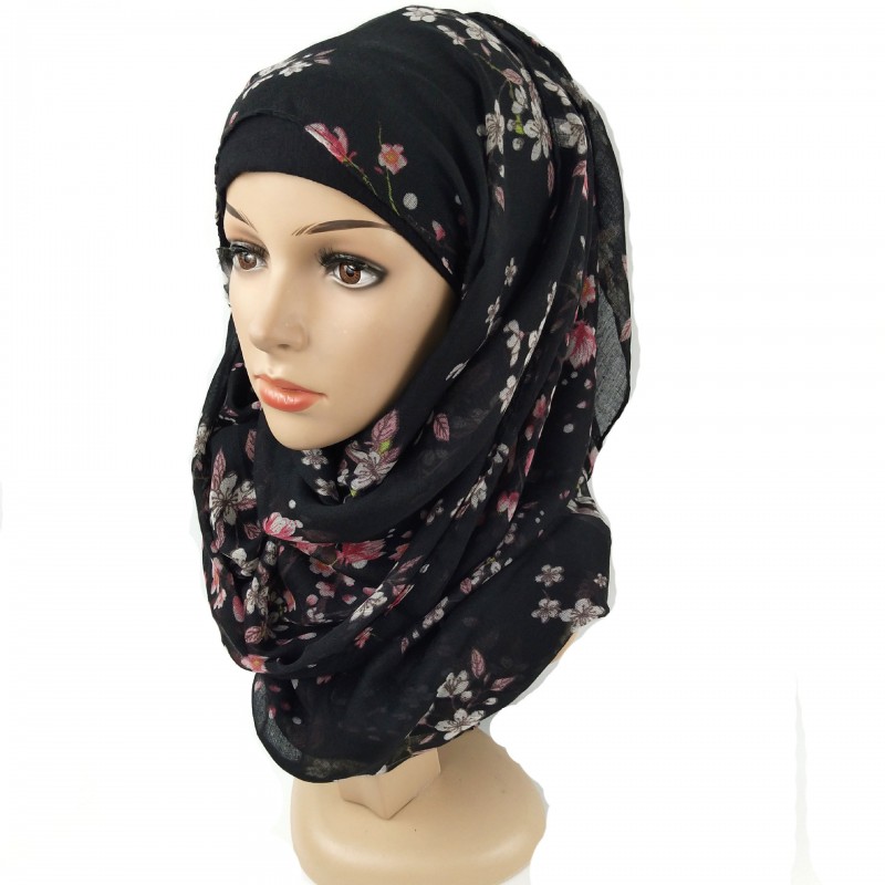 Black Cotton Botanical Tile Print Hijab