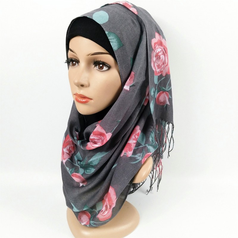 Grey Premium Cotton Floral Tasseled Print Hijab