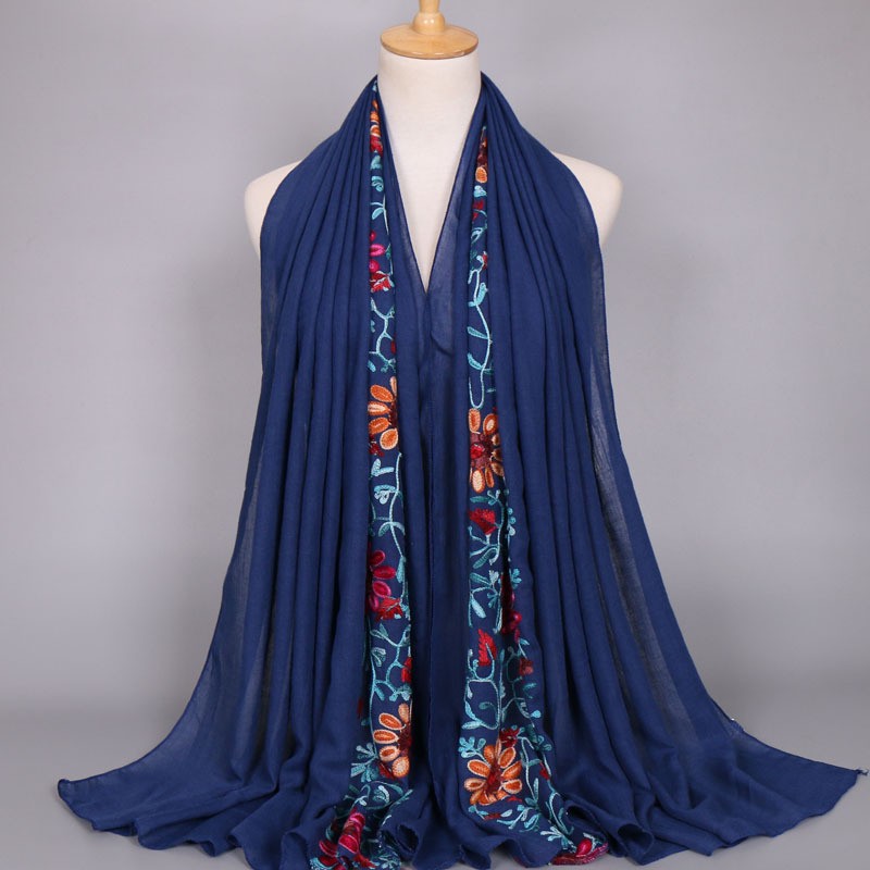 Navy Premium Embroidered Cotton Bloom Hijab