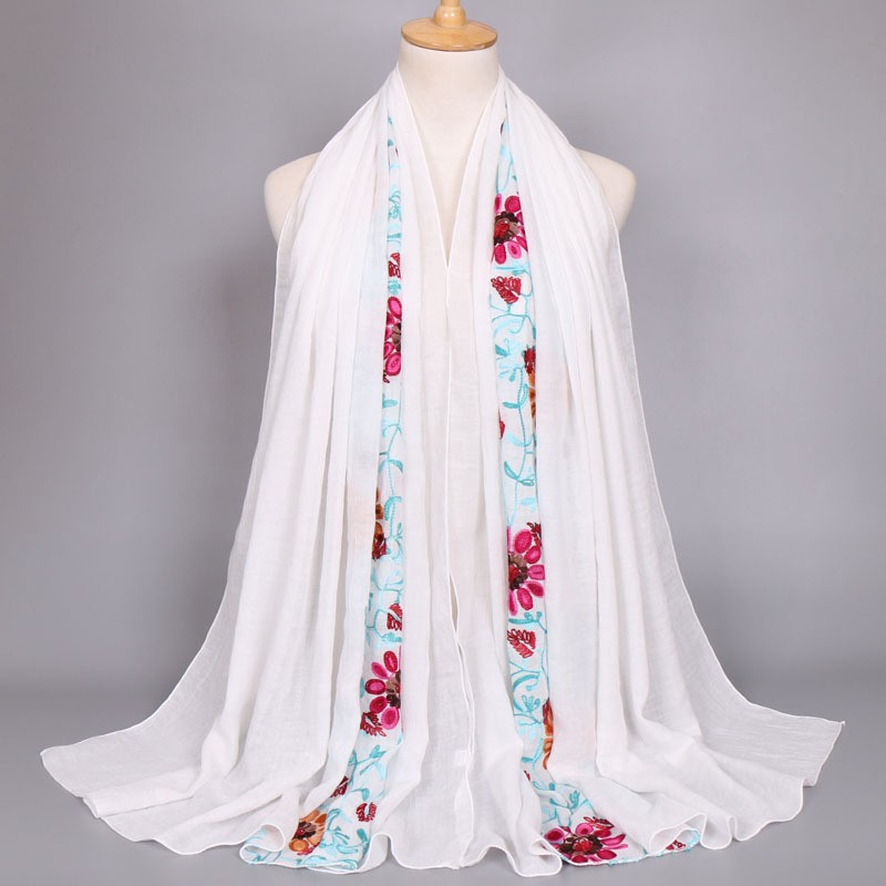 white Premium Embroidered Cotton Bloom Hijab