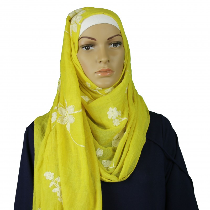 Yellow Floral Embroidered Cotton Hijab