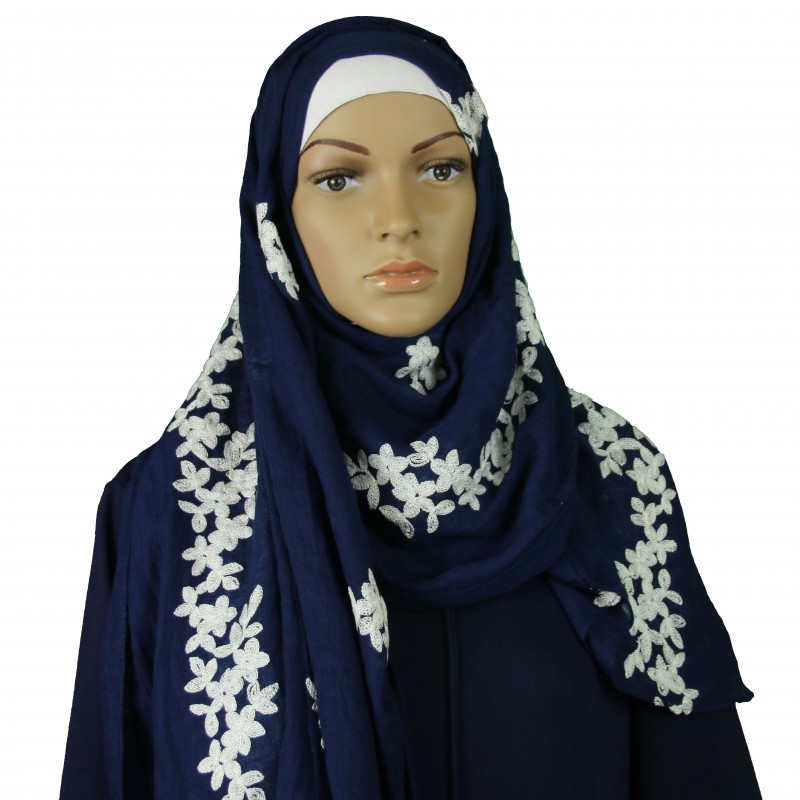 Navy Daisy Embroidered Cotton Hijab