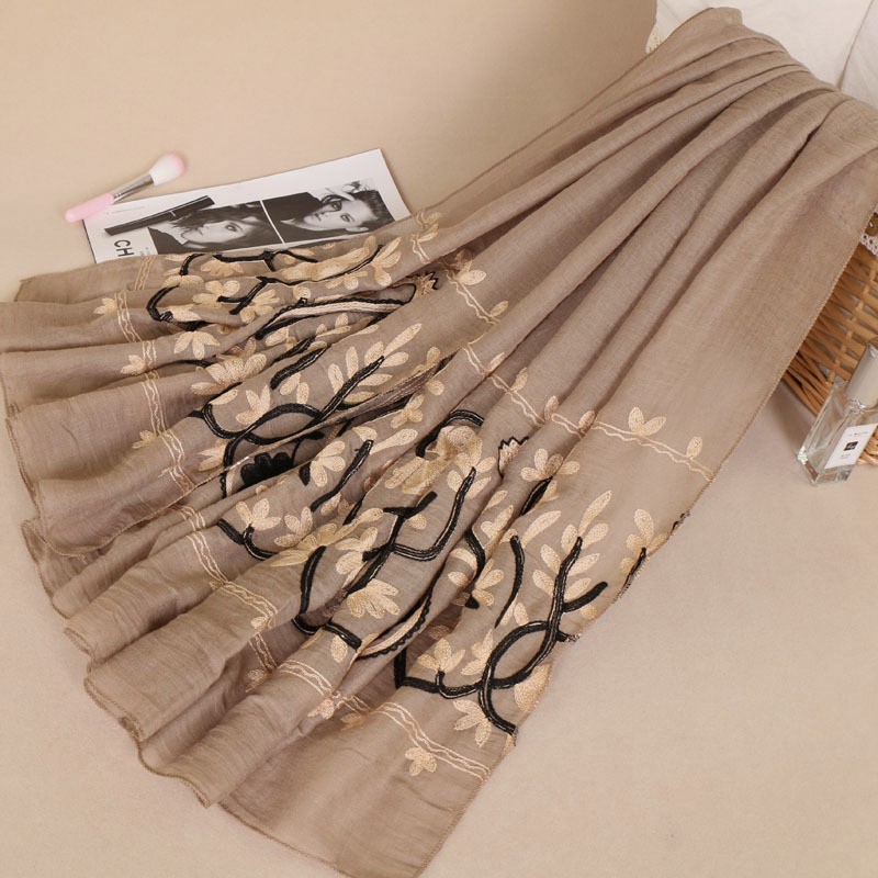 Beige Paisley Embroidered Royal Hijab