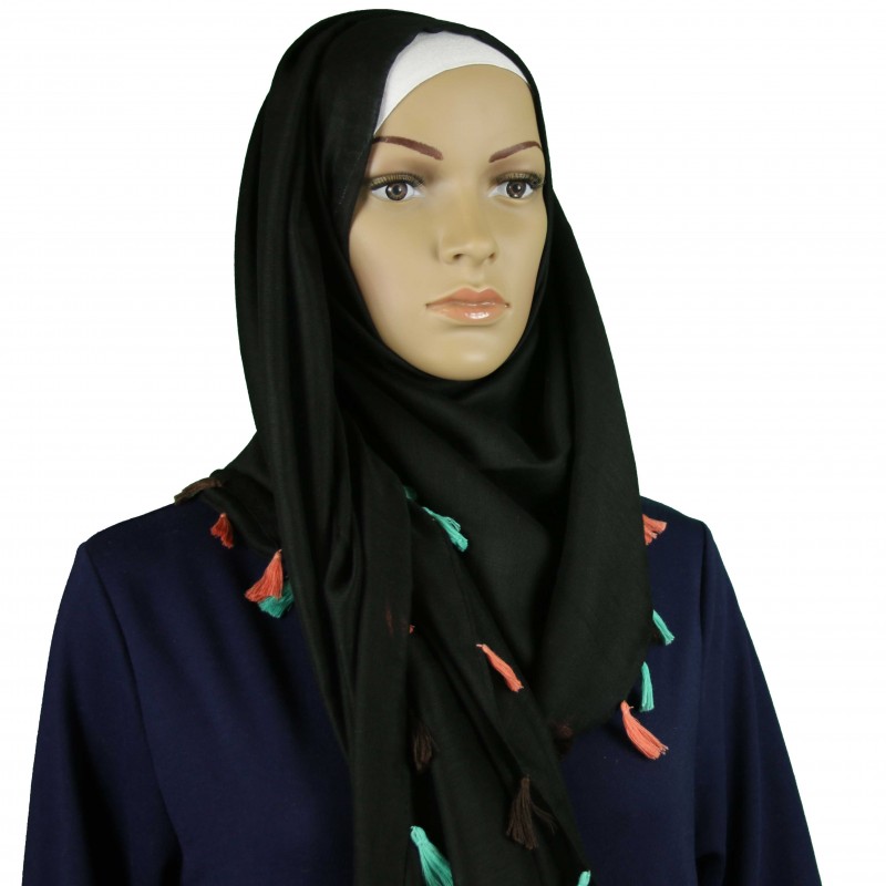 Black MultiColour Tassel Hijab
