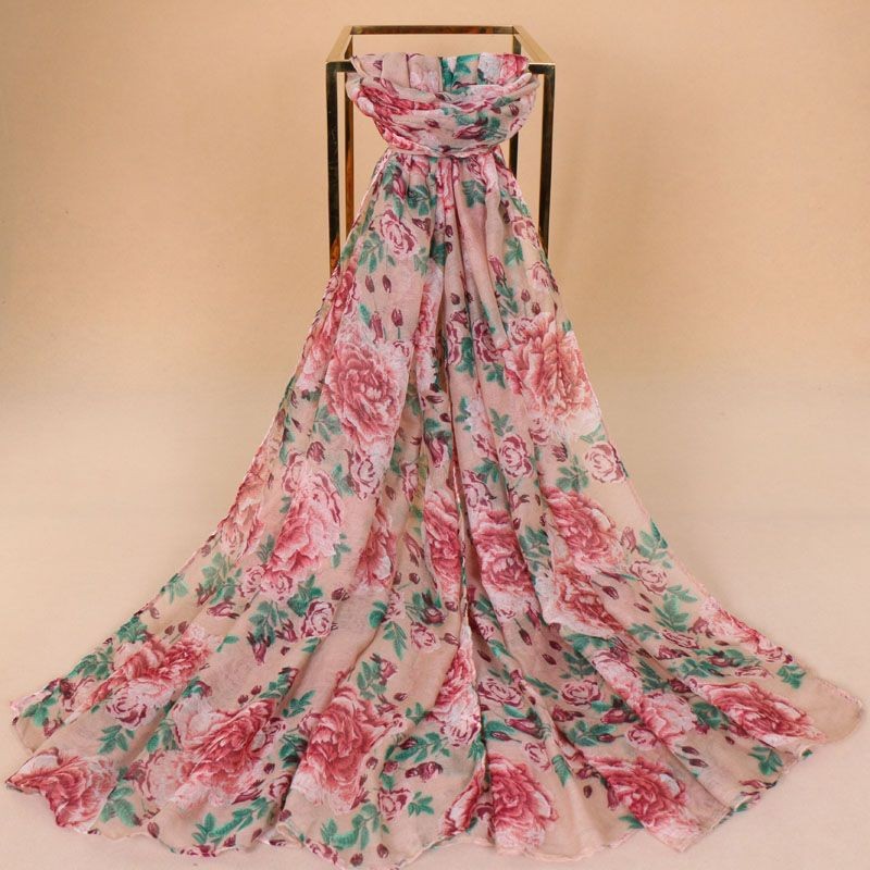 Beige Red Blossom Foliage Print Hijab