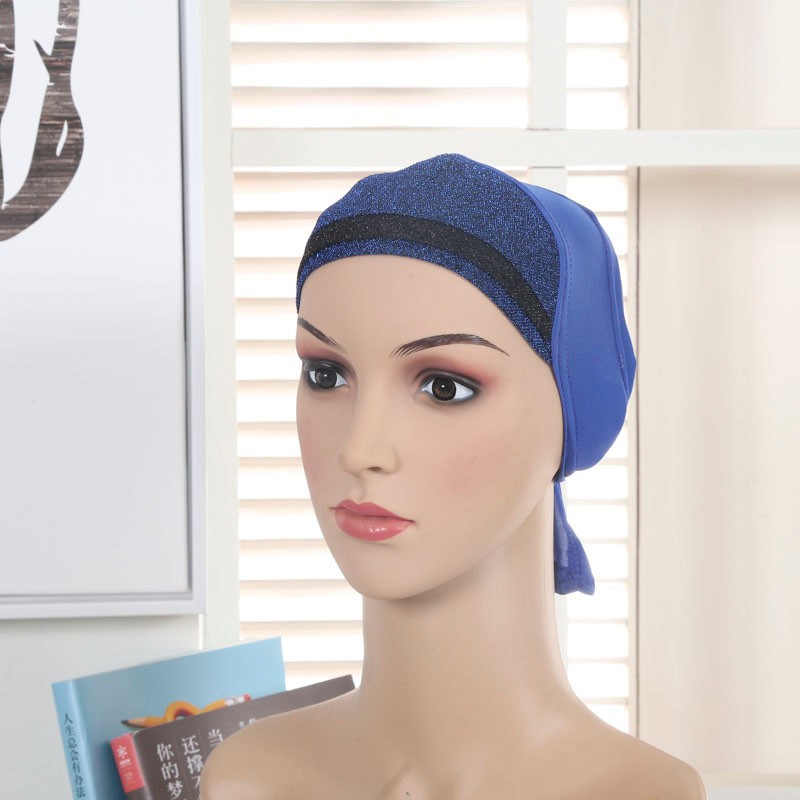 Blue Shimmery Bonnet Tie Back Hijab Cap 