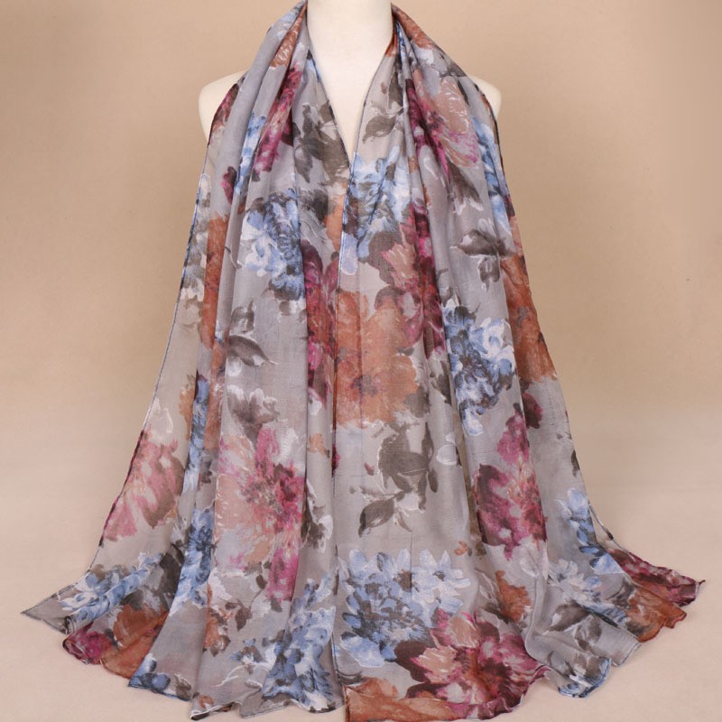 Grey Abstract Foliage Print Hijab